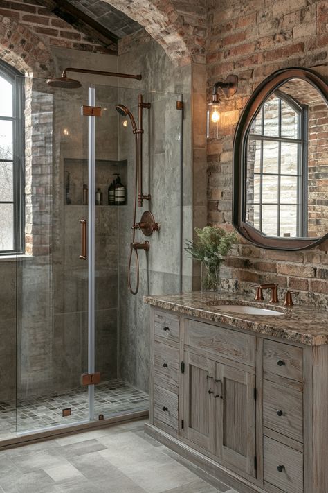 Discover modern bathroom ideas with a rustic twist. This bathroom features exposed brick, vintage fixtures, and a spacious shower area. Perfect for those loving a blend of the old and new. #BathroomDesign #RusticCharm #HomeDecor Exposed Brick Bathroom Ideas, Rustic Shower Ideas Bathroom Farmhouse, Rustic House Bathroom, Brick In Bathroom, Brick Shower Wall, Bathroom Brick Wall, Rustic Shower Ideas Bathroom, Vintage Master Bath, Brick Bathroom Ideas