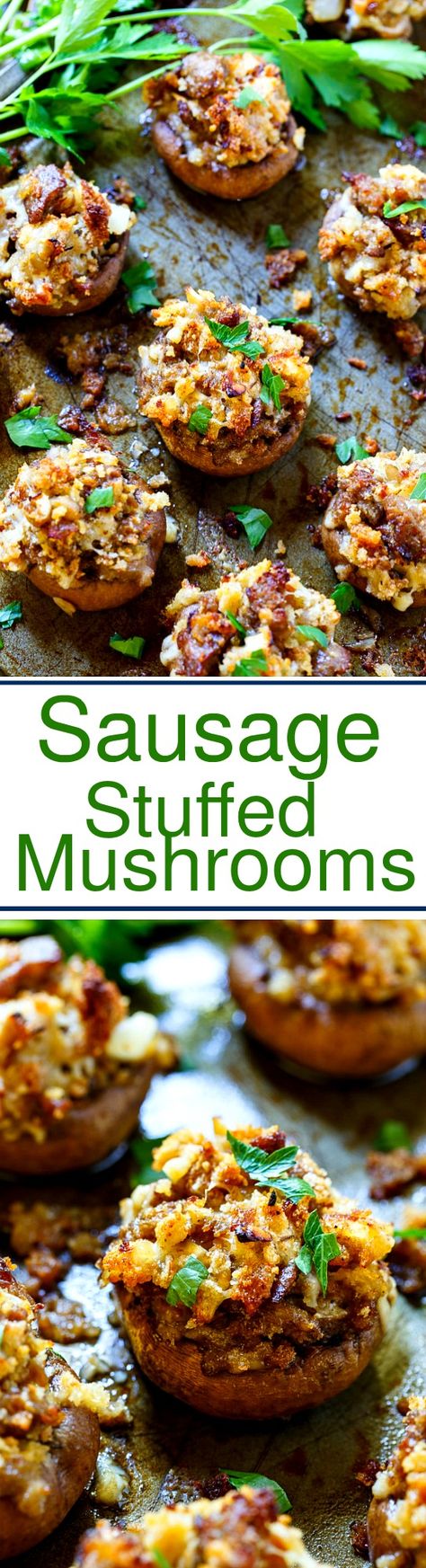 Sausage Stuffed Mushrooms make a delicious appetizer Sausage Stuffed Mushrooms Easy, Sausage Meat Stuffing, Sausage Stuffed Mushrooms, Bite Size Food, Stuffed Mushroom, Appetizers For A Crowd, Party Appetizers, Thanksgiving Appetizers, Holiday Appetizers