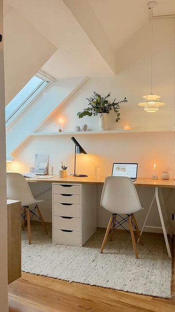 Double Desks Home Office, Loft Room Office, Home Double Office, Attic Room Office, Home Office Loft Ideas, Shared Desk Home Office, Home Office Ideas Ikea, Office Home Ideas, Attic Home Office