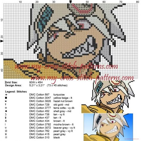 Soul Evans (Soul Eater) cross stitch pattern Evans Soul Eater, Perler Anime, Crafts Anime, Soul Evans, Anime Crochet, Pixels Art, Free Cross Stitch Patterns, Unique Cross Stitch, Anime Embroidery