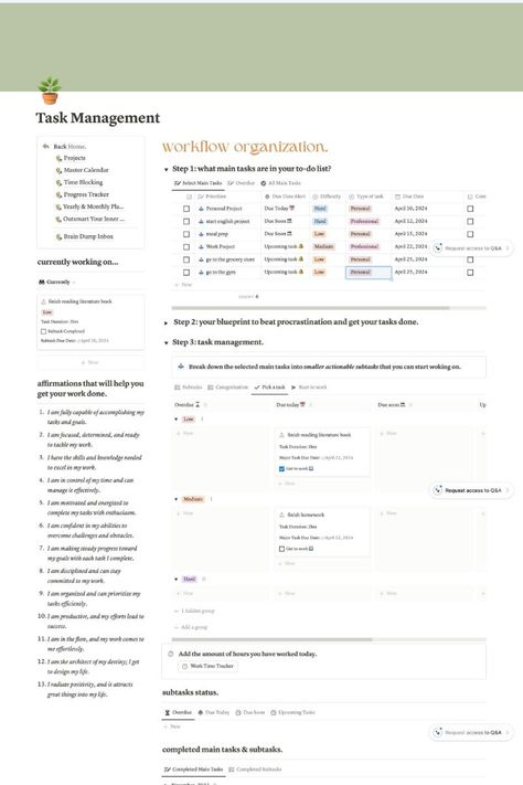 Notion Task  Management Template, Notion Task Manager 🗒️ Notion Inspo, Notion Ideas, Etsy Planner, Template Notion, Task Manager, Goal Tracking, Notion Templates, Planner Dashboard, Task List