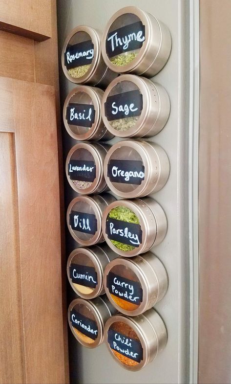 Spice Storage Solutions, Magnetic Spice Tins, Magnetic Spice Rack, Magnetic Spice Jars, Cooking With Fresh Herbs, Kitchen Vibes, Spices Packaging, Chalkboard Markers, Kitchen Accesories