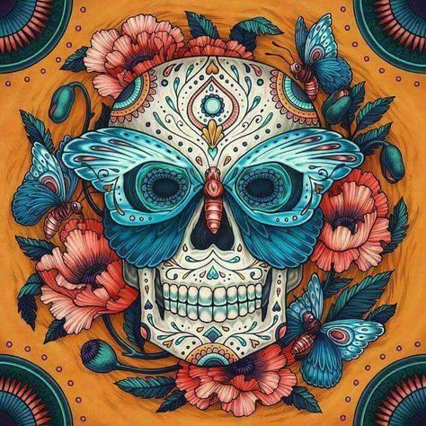 Beautiful ilustration Skull. SLVH ❤❤❤❤ Sugar Skull Artwork, Skull Designs, Day Of The Dead Art, Creation Art, Day Of The Dead Skull, Mexican Skulls, Candy Skulls, Skull Painting, Sugar Skull Art