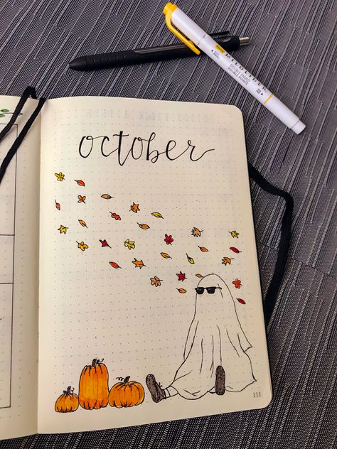 October Aesthetic Painting, October Notes Ideas, October Page Bullet Journal, Halloween Themed Bullet Journal, Ghost Bujo Theme, October Title Page Bullet Journal, Fall Drawings Aesthetic Easy, Bullet Journal Halloween Theme, October Cover Page Bullet Journal