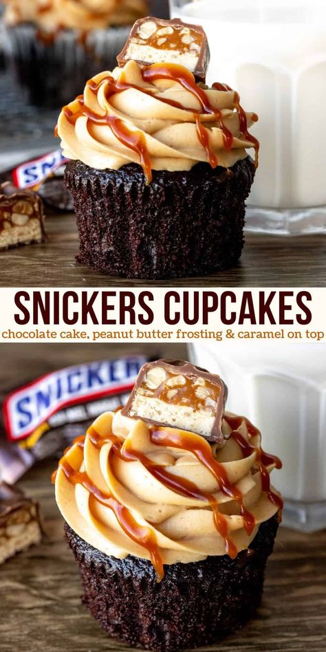 Fudgy chocolate cupcakes, creamy peanut butter frosting and a drizzle of caramel - these Snickers cupcakes have everything you love about the classic candy bar! Then top them with a chunk of Snickers, and these cupcakes are truly next level delicious. #snickers #cupcakes #candybar #recipe #peanutbutterfrosting #caramel #chocolatecupcakes from Just So Tasty Witchy Tea, Snickers Cupcakes, Snicker Cupcakes, Moist Chocolate Cupcakes, Boozy Cupcakes, Specialty Cupcakes, Chocolate Cupcakes Moist, Alcoholic Desserts, Dessert Sauce