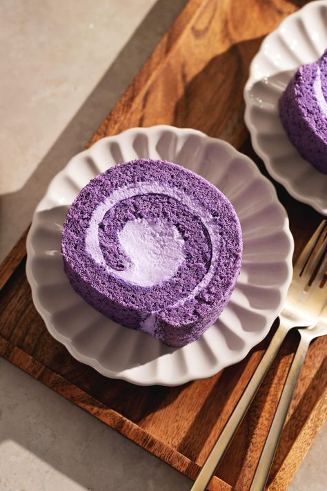 This ube roll cake is made with a soft and fluffy ube chiffon cake that rolls up perfectly without tearing or rippling. It's filled with ube whipped cream to complete this vibrant purple dessert! #ube #rollcake #swissroll #ubecake | teakandthyme.com Ube Chiffon Cake, Ube Roll, Ube Cheesecake, Whipped Cream Filling, Purple Desserts, Ube Recipes, Pinoy Foods, Orange Chocolate Cake, Hawaiian Dishes