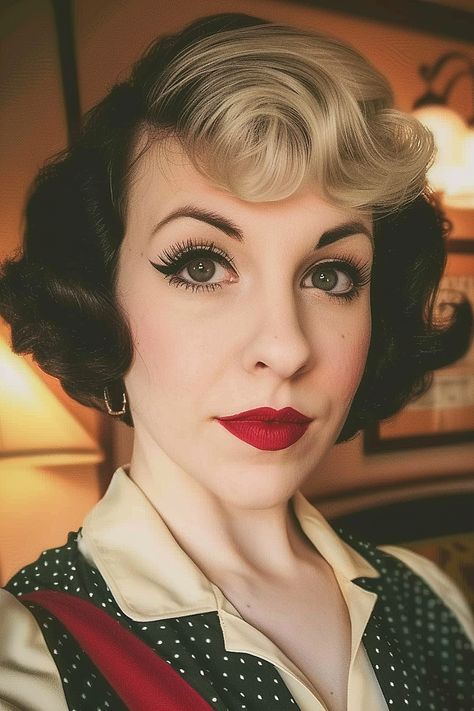 Retro bob haircut with pin-up bangs inspired by vintage fashion styles 1940s Short Hair, Vintage Bob Haircut, Betty Page Bangs, 20s Bob, Bettie Bangs Hairstyles, Rockabilly Bangs, 1920s Bob, Pin Up Bangs, Retro Bob