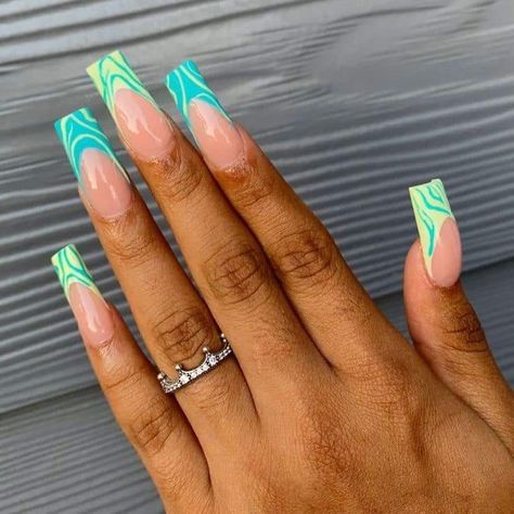 Green Swirl French Tip Nails, Blue And Green Acrylic Nails Designs, Blue Swirl French Tip Nails, Trendy Square Nail Designs, Blue And Green Swirl Nails, Green Medium Length Nails, Nails Inspiration Medium Length, Green And Blue Acrylic Nails, Blue And Green Nails Acrylic