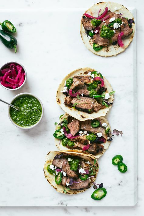 Wild Garlic is a beautiful seasonal ingredient that we adore using in the short time it is available, especially with lamb! We’ve used it in vivid green salsa to top smokey lamb steak in yet another of our beloved taco recipes. The wild garlic brings all of the beautiful perfume you get from garlic without the aggressive heat, and it works wonderfully in this fresh green salsa. Lamb Tacos Recipes, Lamb Tacos, Lamb Steak, Lamb Taco, Tacos Recipes, Lamb Steaks, Steak Tacos, Sweet Treats Desserts, Green Salsa