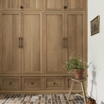 Brown Wooden Mudroom Lockers with Shoe Drawers - Transitional - Laundry Room White Oak Mudroom Cabinets, Walnut Mudroom, Mudroom Lockers With Doors, Lockers Design, Shoe Drawers, Transitional Laundry Room, Mudroom Cubbies, Wood Lockers, Mudroom Entry