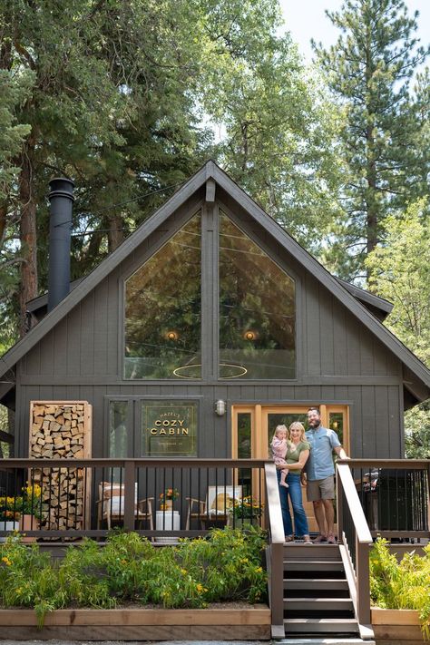 Cabins On The Lake, Dog Hobbit House, Cedar Shake Cabin Exterior, Cabin Wood Burning Stove, Modern Cabin Lake House, Cute Cabin Floor Plans, Cozy Cabin Modern, Small Cabin Exterior Colors, Cabin Makeover Exterior