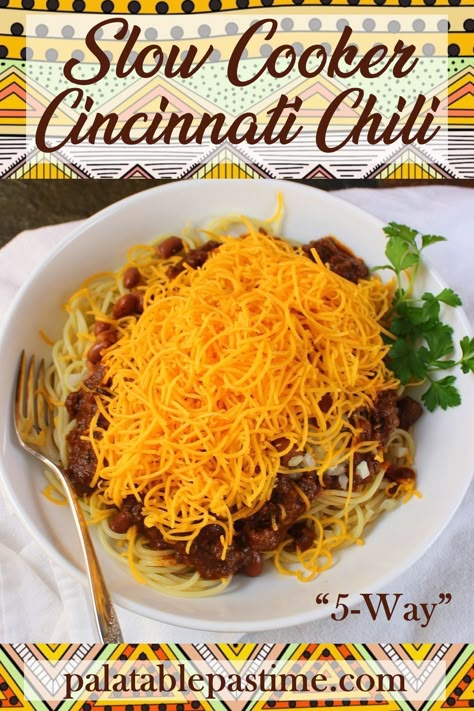 Slow Cooker Cincinnati Chili cooks up the distinctive style of chili in your crock pot to put atop a pile of spaghetti buried in cheese. via @suelau1 Cincinnati Chili Recipe, Amazing Slow Cooker Recipes, Cincinnati Chili, Slow Cooker Chili Recipe, Best Chili Recipe, Chili Recipe Crockpot, Crockpot Chili, Meat Appetizers, Roasted Cherry Tomatoes