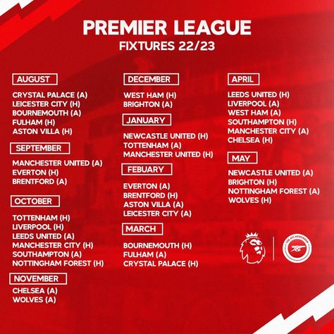 Premier league Fixtures 🔴⚪️ Arsenal Premier League, Premier League Fixtures, Nottingham Forest, Leeds United, Newcastle United, Leicester City, Aston Villa, Bournemouth, Crystal Palace