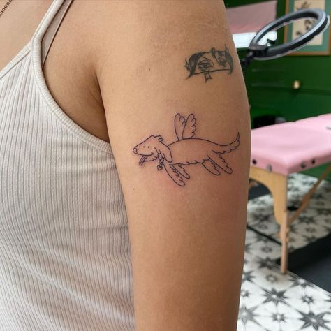 Whimsical Dog Tattoo, Vintage Dog Tattoo, Earthy Tattoos, Bulldog Tattoo, Angel Boy, Angel Wings Tattoo, Petite Tattoos, Wing Tattoo, Hand Poke