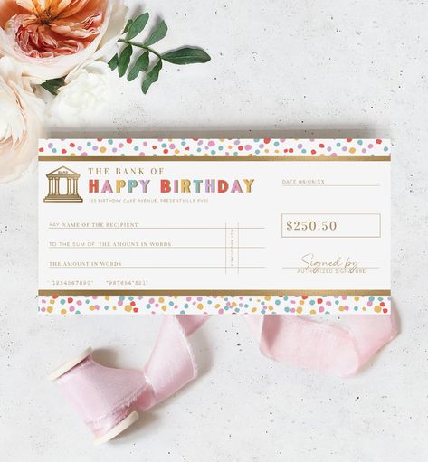 Birthday Cheque Template, Fake Bank Cheque Gift Voucher, Custom Printable Gift Certificate Birthday Present, Birthday Gift Coupon, Dot Cheque Template, Printable Vouchers, Printable Gift Certificate, Gift Coupon, Last Minute Birthday Gifts, Present Birthday, Word Signs, Birthday Dates, Diy Templates