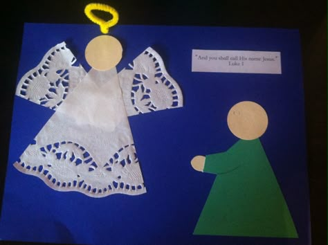 "And you shall call His name Jesus" - simple craft for Mary's visit from the angel Gabriel. Cut doily and paper triangles and circles, poke the pipe cleaner halo through the paper, and the kids can add faces and hair if they choose! Gabriel Visits Mary, Nativity Crafts For Kids, Mary Craft, Joseph Crafts, Simple Nativity, Toddler Bible, Christmas Sunday School, Advent Crafts, Grandma Crafts