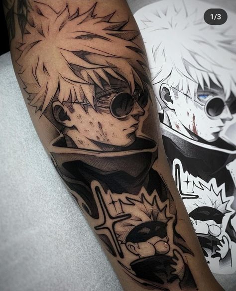 Anime Tattoos Sleeve Ideas, Arm Tattoo Men Anime, Tokyo Ghoul Mask Tattoo, Saturo Gojo Tattoo Ideas, Loner Tattoos Men, Anime Sleeve Tattoo, Sasuke Tattoo, Gojo Tattoo, Kakashi Tattoo