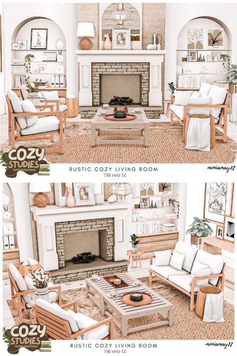 The Sims 4 Rustic Cozy Living Room CC's Custom Content Cozy Studies Collab. The Sims 4 University Housing bedroom interior Cozy Studies Collab. Back to school. Download at @thesimsresource #ShowUsYourBuilds #thesims4 #Sims4 #sims4game #ts4house #ts4build #ts4builds #ts4nocc #ts4mm #simsbuilds #ts4 #sims4housebuild #sims4house #sims4home #sims5 #sims4build #simshousedesign #thesims4housebuild . Download here: https://www.thesimsresource.com/downloads/1713848 Sims 4 Build Cc Living Room, Sims 4 Fireplace Ideas, Sims 4 Maxis Match Living Room, Sims 4 Modern Farmhouse Cc, Sims 4 Farmhouse Living Room, Sims 4 Cottagecore Living Room, Farmhouse Living Room Sims 4, Sims 4 Cc Farmhouse, Sims Fireplace