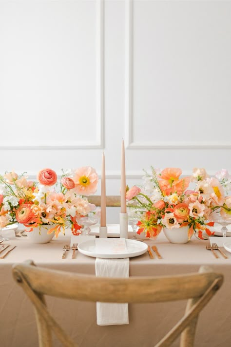 Peach Table Setting Wedding, Orange Palette Wedding, Orange Pink Cream Wedding, August Wedding Table Decor, Pink Green Orange Wedding, Apricot Wedding Colors, August Wedding Decor, Peach Color Palette Wedding, Pink Orange Yellow Wedding