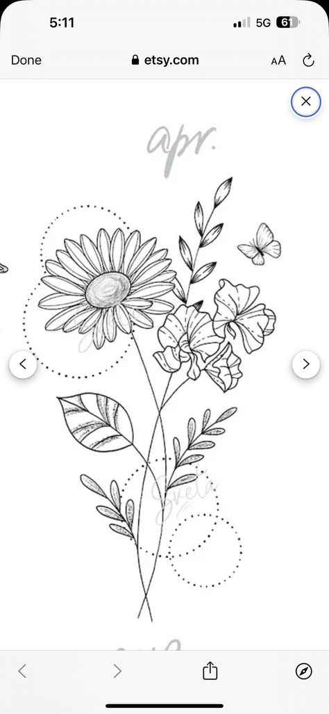 Butterfly With Daisy Flowers Tattoo, March And April Flower Tattoo, Sweet Pea And Daisy Bouquet Tattoo, April Birth Flowers Tattoo, April Birth Flower Bouquet Tattoo, April Birth Flower Tattoo Ideas, April Daisy Flower Tattoo, Daisy Sweet Pea Tattoo, Daisy And Sweet Pea Tattoo Birth Flower