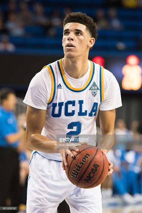 UCLA guard Lonzo Ball (2) shoots a free throw during an exhibition NCAA basketball game between the Master's University and the UCLA Bruins on November 1, 2016, at Pauley Pavilion in Los Angeles, CA. Ohio State Basketball, Ucla Basketball, Basketball Shooting Drills, Basketball Shooting, Lonzo Ball, Basketball Season, Basketball Leagues, Free Throw, Ncaa Basketball