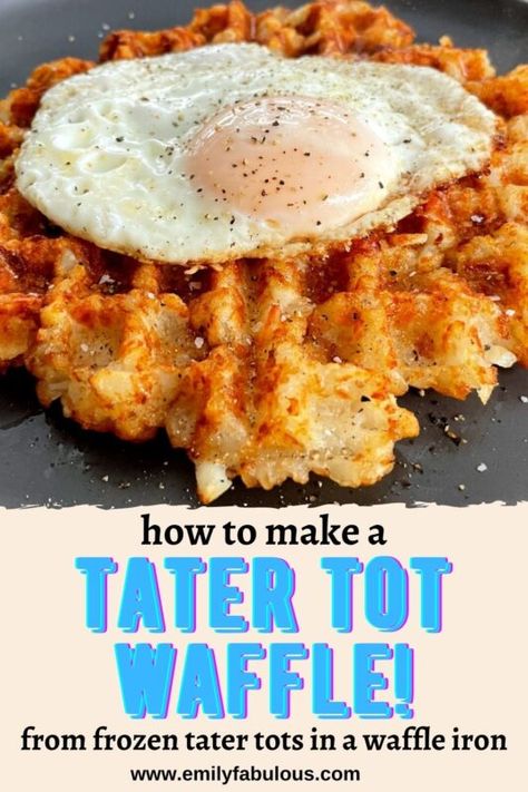 Waffle Iron Tater Tots - Easy - From Frozen - EmilyFabulous Dash Mini Waffle Maker Recipes Eggs, Tater Tot Waffle Iron, Tater Tots In Waffle Iron, Dash Mini Waffle Maker Recipes Easy, Waffle Iron Recipes Breakfast, Tator Tot Waffle, Dash Mini Waffles Recipe, Mini Waffle Maker Recipes Easy, Waffle Bake