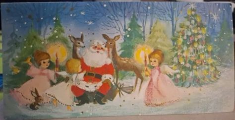 Vintage American Greetings Christmas Card Angels W/ Santa Animals. Used Foil Christmas Cards, American Greetings Cards, Greeting Poster, Santa Card, Santa Christmas Cards, Hallmark Greeting Cards, Religious Christmas Cards, Vintage Christmas Greeting Cards, Pink Xmas