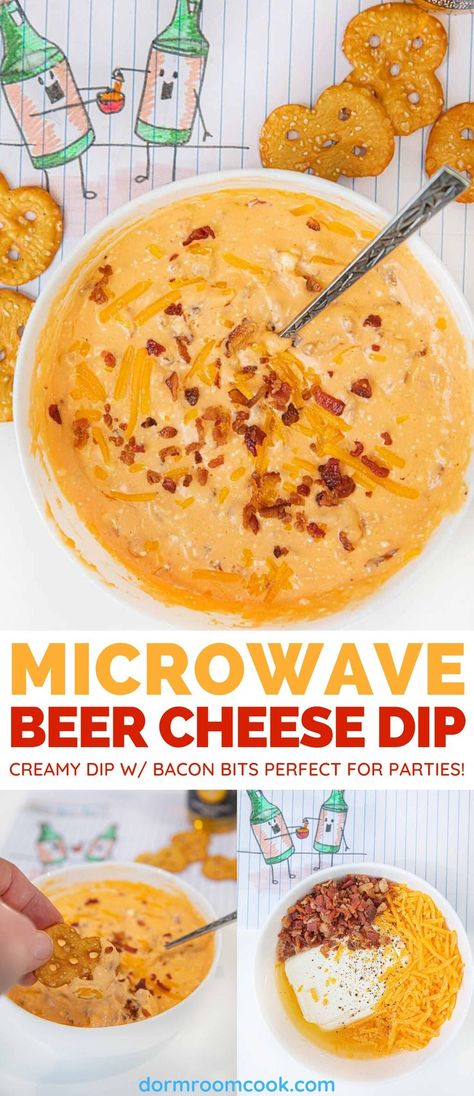 Creamy dip w/ bacon bits perfect for parties! #Microwave #Microwavecooking #College #Collegelife #Dormroomcook Microwave Cheese Dip, Microwave Appetizers, Oktoberfest Buffet, Salsa Dip Recipe, Easy Cheese Dip, Beer Cheese Dip Recipe, Easy Microwave Recipes, Cheese Dip Recipe, Chili Cheese Dips