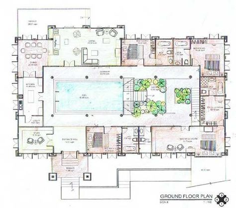 Roman Villa Floor Plan, Mexican Hacienda Floor Plans, Hacienda Floor Plans, Villa Floor Plan, Mexican Houses, Passive Solar House Plans, Solar House Plans, Bloxburg Mansion, Cob Building