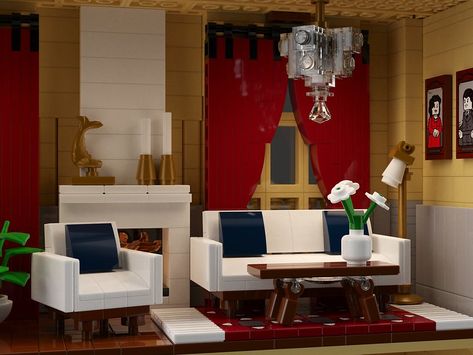 Living in the lap of luxury in a million dollar home made with 10,000 (digital) LEGO bricks | The Brothers Brick | The Brothers Brick Lego Living Room, Lego Interior Design, Lego Mansion, Lego Crafts, Roof Building, Lego Hotel, Lego House Ideas, Large Apartment, Lego Designs