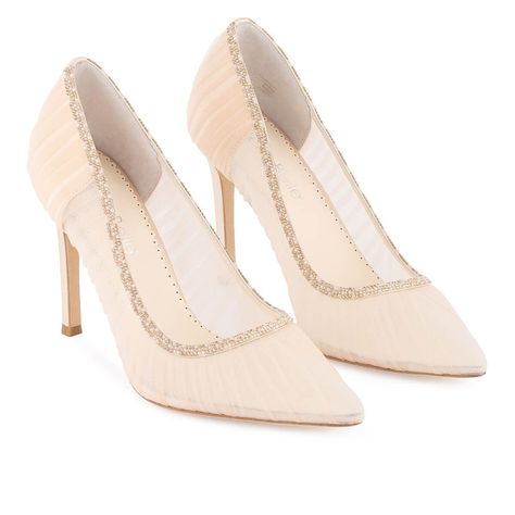 EMMALINE Bella Belle Shoes, Belle Shoes, Flat Sandals Wedding, Crystal Wedding Shoes, Wedding Shoes Low Heel, Gold Crystals, Pleated Tulle, Ivory Wedding Shoes, Wedding Shoes Lace