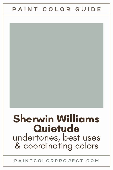 Looking for the perfect green paint color for your home? Let’s discuss Sherwin Williams Quietude and see if it might be just what your space needs. Sw Quietude Exterior, Quietude Sherwin Williams Bathroom, Quietitude Sherwin Williams, Colors That Go With Quietude, Quietude Color Palette, Sherwin Williams Quietude Color Palette, Sherwin Williams Meadow Sage, Quietude Sherwin Williams Kitchen, Quietude Sherwin Williams Bedrooms