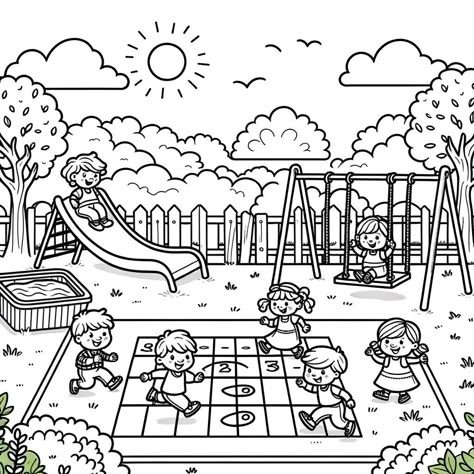 I've created four simple and fun colouring pages for kids, each featuring a unique scene: A sunny beach scene with cartoon animals playing with a beach ball, building sandcastles, and enjoying ice cream. A playground scene with cartoon children sliding, swinging, and playing hopscotch among playground equipment. A farm scene showcasing friendly farm animals around a barn, with a tractor, haystacks, and a vegetable garden. An outer space scene with a friendly astronaut and an alien shaking hands Fun Colouring Pages, Beach Playground, Printable Activity Sheets, Playground Activities, Animals Playing, Space Scene, Shaking Hands, Colouring Sheets, Story Activities