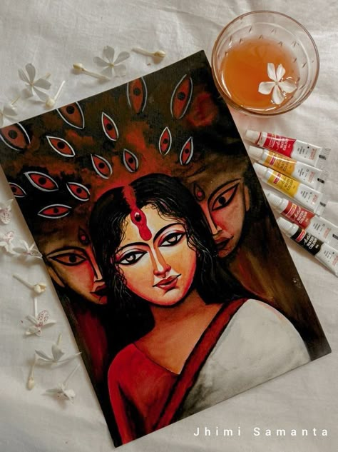 Creative Durga Painting, Durga Maa Aesthetic Drawing, Sketch Of Maa Durga, Durga Painting Artworks Abstract, Abstract Durga Painting, Durga Painting Watercolor, Durga Maa Paintings Bengali, Painting Of Durga Maa, Bengali Art Sketch