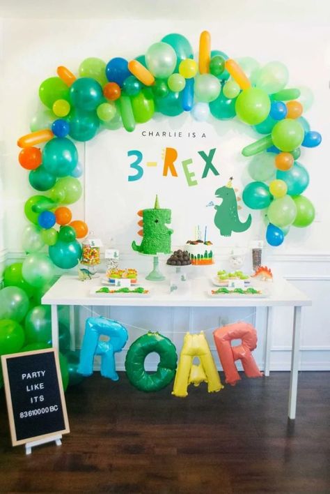 Struggling to come up with boy's party ideas for your 3-year-old? I've got some amazing party theme ideas including party decor and decorations, favours and gifts, food and more. Make his third Birthday memorable with inspiration to help you throw parties such as construction, dinosaurs, race cars, jungle plus a few more unique Birthday party ideas! Head to A Visual Merriment for the inspo | 3rd Birthday boy party ideas, party ideas for a boy's third birthday, toddler party theme Dinosaur Party Decorations, Decoration Birthday Party, 3 Birthday, Dinosaur Themed Birthday Party, Boy Birthday Party Themes, Dino Birthday Party, Third Birthday Party, Dino Birthday, Safari Party