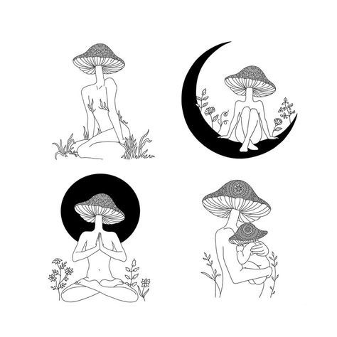 Small Bff Tattoos, Mandala Line Art, Simple Tats, Hand Drawn Mandala, Mushroom Girl, Drawn Mandala, Mushroom Tattoos, Abstract Face Art, Line Art Print