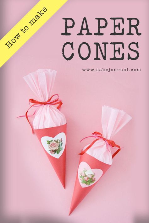 Isn't it time to learn how to make a proper paper cone? Paper cones are handy for lots of homemade crafts. Need a paper cone for food party ideas? Add this sweet paper cone to your homemade Valentine crafts. Go to #cakejournal and pick up your easy DIY paper cone template and learn how to make a paper cone that is functional for a Happy Valentine Day. c #happyvalentineday #homemadeValentinecrafts #paperconefoodpartyideas #paperconetemplate Paper Cone Template, Diy Cones Paper, How To Make A Paper Cone, Paper Cones Diy, How To Make A Cone Out Of Paper, Diy Paper Cones For Flowers, How To Make Cones From Paper, How To Make Paper Cones For Food, Flower Bouquet In Paper Cone