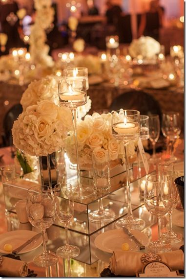 white roses and high candles wedding centerpiece I love the reflection festival going on here. So pretty! Romantic Wedding Centerpieces, Flowers And Candles, Flowers Candles, Tafel Decor, Candle Wedding Centerpieces, Elegant Wedding Reception, Reception Centerpieces, Sophisticated Wedding, Mod Wedding