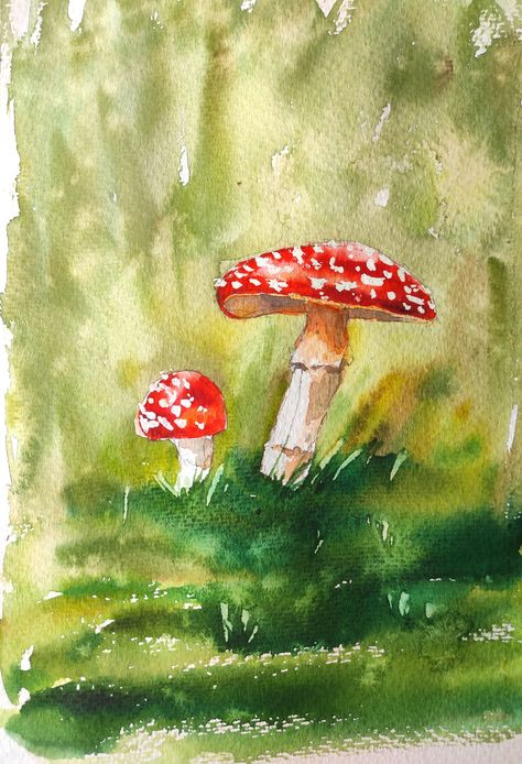 Watercolour Landscapes, Mushroom Painting, Magical Mushroom, Mushroom Images, Mushroom Paint, Painting Nature, Art Watercolour, Art Carte, Watercolor Greeting Cards