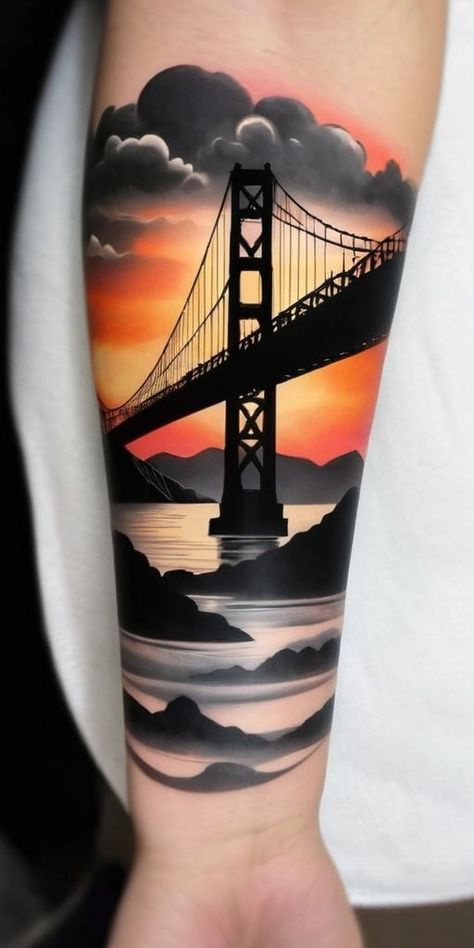 Golden Gate Bridge Tattoo, Bridge Tattoo, Tupac And Biggie, California Tattoo, Full Tattoo, Lion Family, Money Tattoo, San Francisco Golden Gate Bridge, Getting A Tattoo