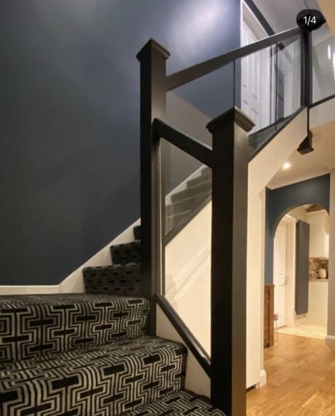 Black And Glass Staircase, Glass Banister Ideas, Glass Bannister Ideas, Drayton House, Glass Landing, Glass Bannister, Black Handrail, Hallway Stairs And Landing, Black Staircase