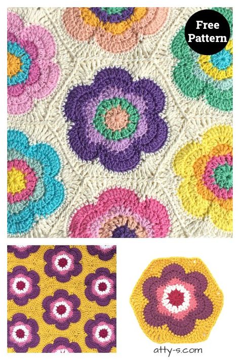 Vintage Flower Hexagon Motif Free Crochet Pattern Crochet Amigurumi Flowers Free Pattern, Half Hexagon Crochet Pattern, Retro Flower Granny Square, Daisy Crochet Granny Square, Hexagon Granny Square Pattern, Flower Granny Square Pattern Free, Granny Square Flower Pattern, Crochet Hexagon Blanket, Crochet Flower Granny Square Pattern