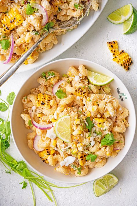 Elote Pasta Salad — The Yummy Vegan Vegan Elote Pasta Salad, Vegan Elote, Elote Pasta Salad, Elote Pasta, Mexican Style Street Corn, Pasta Salad Summer, Feta Crumbles, Antipasto Pasta Salads, Vegan Feta