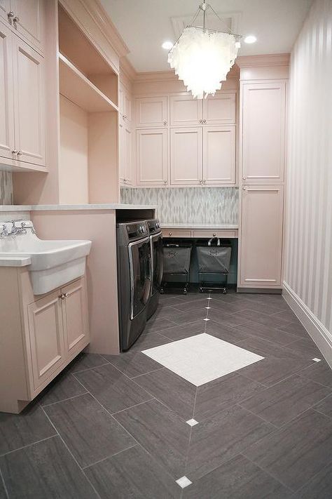 Pink Laundry Room, Millhaven Homes, Contemporary Laundry Room, Pink Laundry, Gray Tile Backsplash, Vintage Laundry Room Decor, Pink Laundry Rooms, Laundry Room Decorating, Grey Laundry Rooms