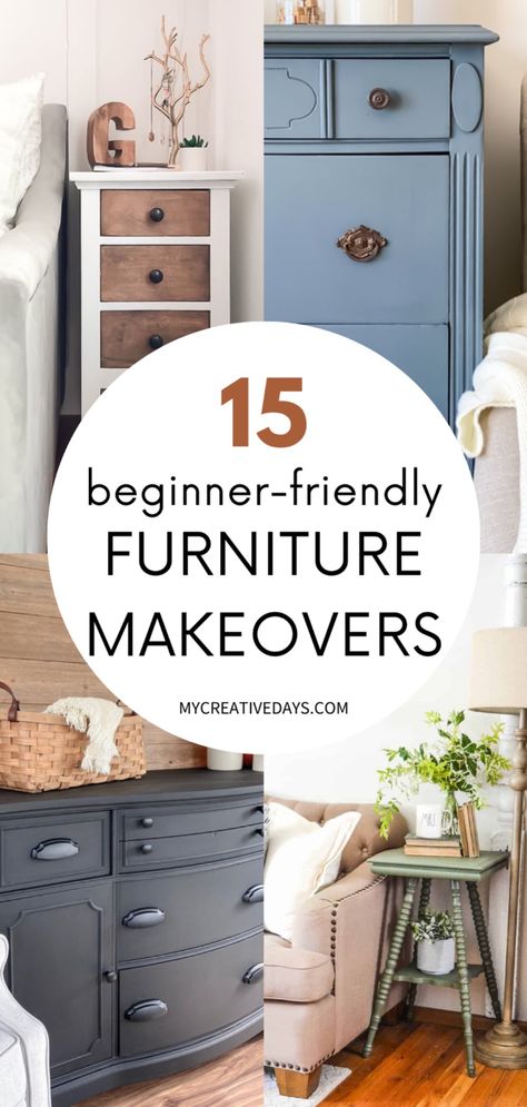 Find 15 easy DIY furniture makeovers! If you need a quick and easy upcycled furniture project, these ideas are perfect for you. From dresser makeovers to coffee tables, stools, and shelves, we have the best refurbished and painted furniture ideas for beginners. DIY home décor, upcycled home decor. Farmhouse Dresser Makeover, Diy Nightstand Makeover, Dresser Makeover Ideas, Chalk Paint Furniture Ideas, Painted Nightstands, Easy Furniture Makeover, Furniture On A Budget, Furniture Flipping Business, Dresser Makeovers