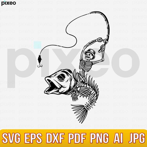 Skeleton Fishing Tattoo, Skeleton Fisherman, Fish Skeleton Art, Hunting Tattoos, Svg Skeleton, Fish Skeleton, Tattoo Skull, Skeleton Svg, Theme Tattoo