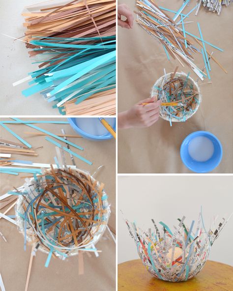 plastic wrap on inside of solid bowl; paint 50/50 glue/water over 1/4" strips of paper Bird Nests Art, Recycled Paper Art, Bird Nest Craft, Fun Easter Baskets, Nest Art, Bird Nests, Recycled Art Projects, Diy Birds, Art Bar