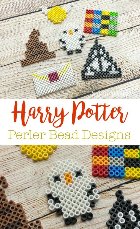 6 Harry Potter themed perler bead/ fuse bead designs. All made on a basic square board designs include a Hogwarts letter, Deathly Hallows, a Snitch, Hedwig, a Sorting Hat, and House Colors. A fun kid craft. Perler Bead Patterns Harry Potter, Harry Potter Perler Beads, Harry Potter Activities, Perler Bead Designs, Cumpleaños Harry Potter, Hogwarts Alumni, Melty Bead Patterns, Easy Perler Beads Ideas, Anniversaire Harry Potter