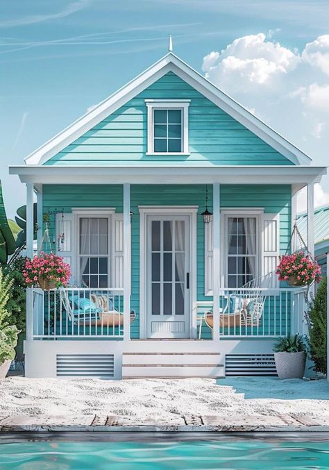 Beach House Elevations | Beach House Exterior Photos Farmhouse Porch Swings, House Elevations, Beach Decor Living Room, Beautiful Beach Houses, Beach House Tour, Coastal Cottage Decorating, Small Cottage Homes, Beach House Exterior, Small Cottages