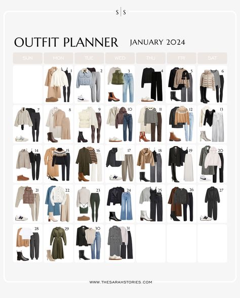 Monthly outfit planner | January 2024 - the Sarah Stories January Outfits 2024, January 2024 Style, January 2024 Fashion, January 2024 Outfits, Autumn Inspired Outfits, January Outfits For Women 2024, 2024 Winter Outfits, Monthly Outfit Planner, January Outfits For Women